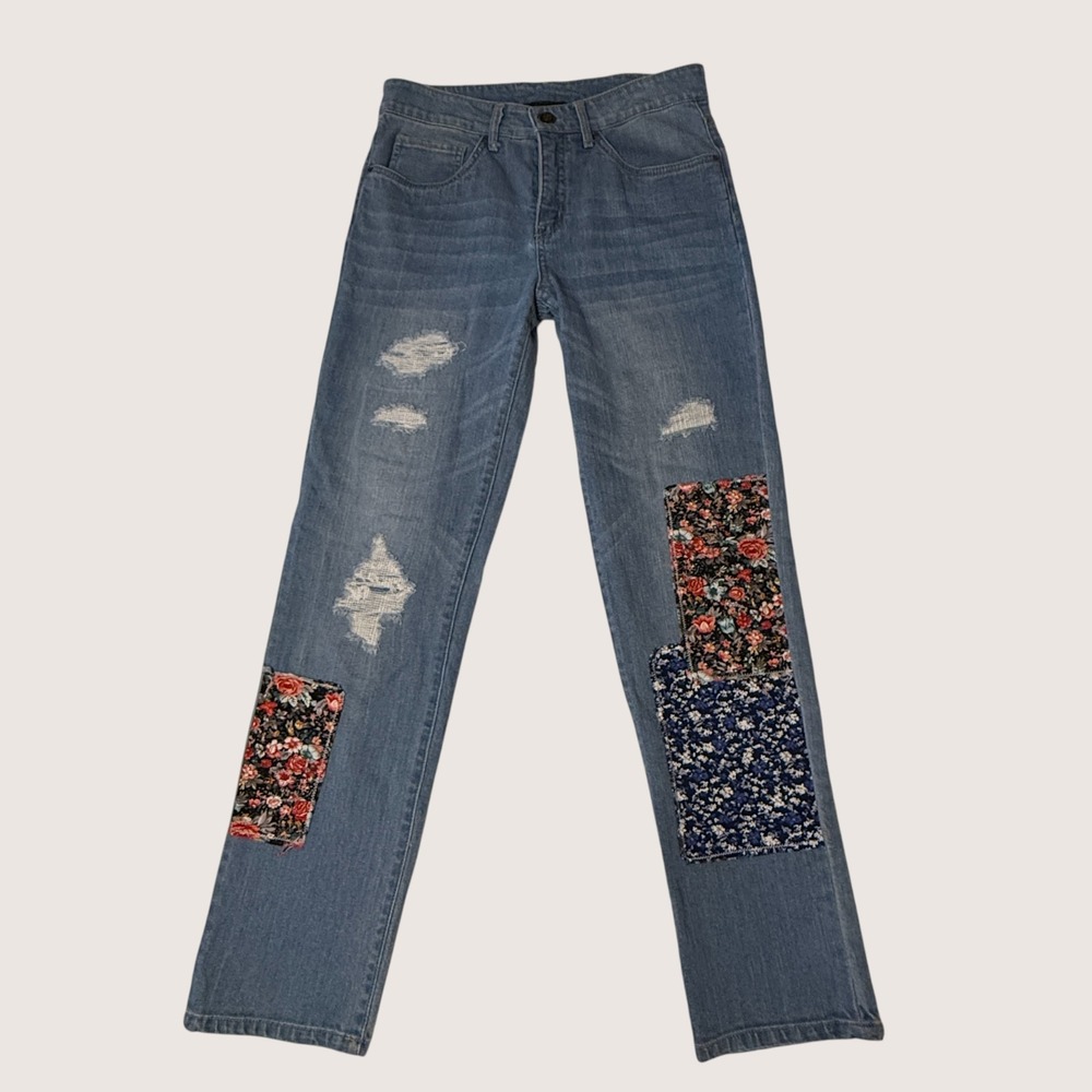 Vincente Patchwork Jeans Women's Distressed Floral Boho Straight Leg Size 6